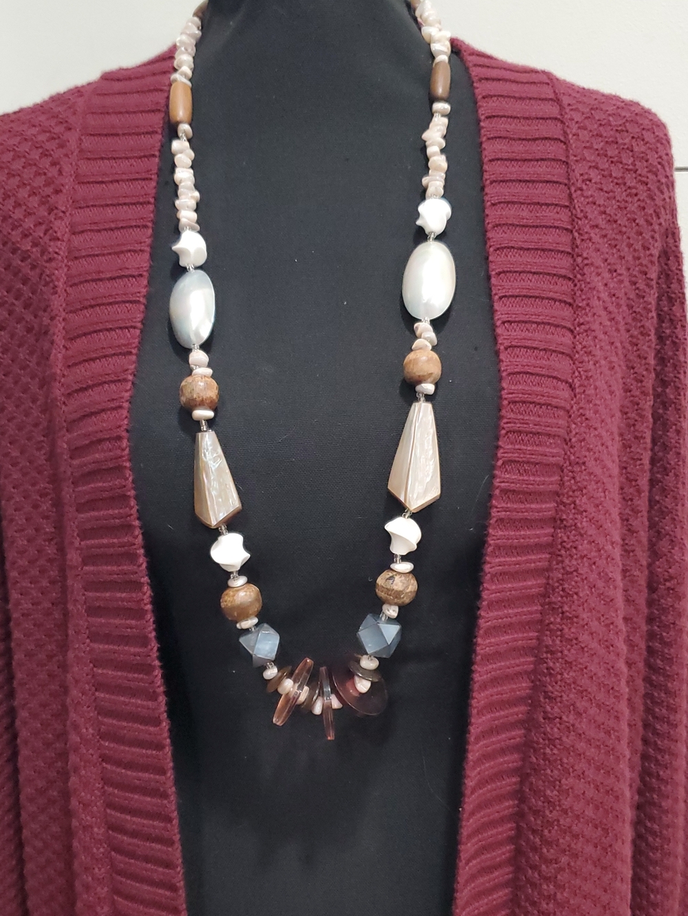 Handcrafted Brown and Cream Long Beaded Necklace Vintage